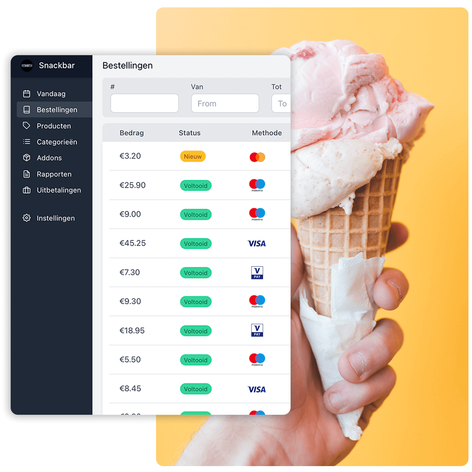 Een overzicht van het menu binnen de QR online in combinatie met een ijsje, gele achtergrond en het aantal bestellingen wat via de Online QR is binnen gekomen.