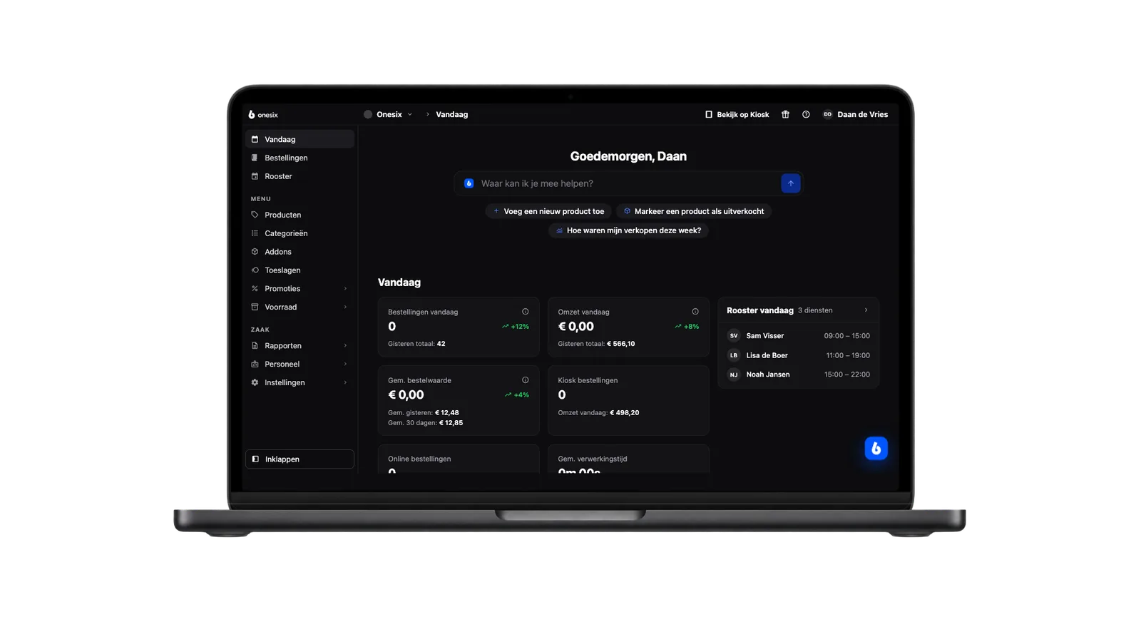 Het Onesix Dashboard op een MacBook met de cijfers van vandaag: bestellingen, omzet en gemiddelde bestelwaarde
