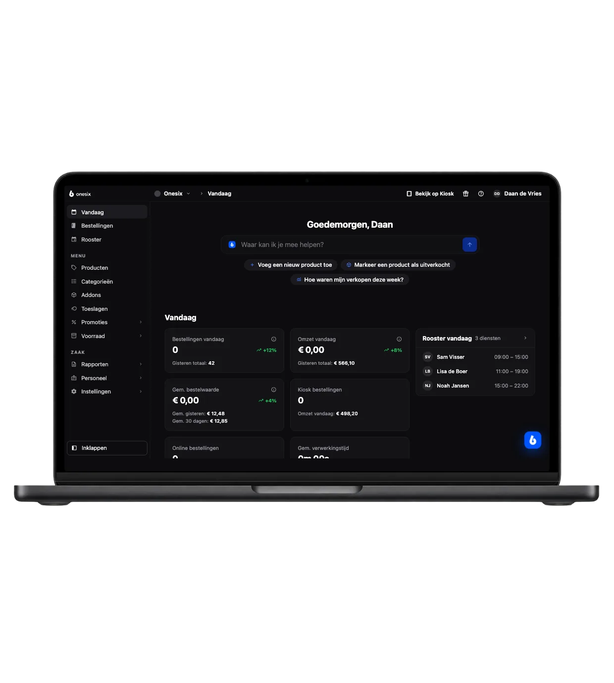 Het Onesix Dashboard op een MacBook met de cijfers van vandaag: bestellingen, omzet en gemiddelde bestelwaarde