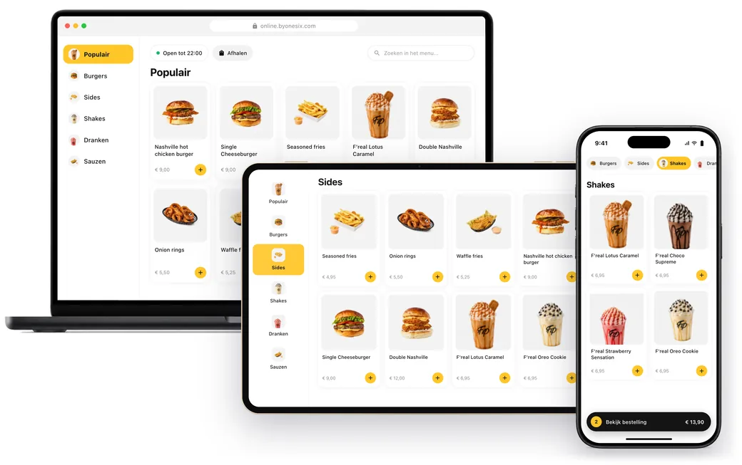 Onesix Online Kiosk menu voor QR-bestellen op meerdere schermen