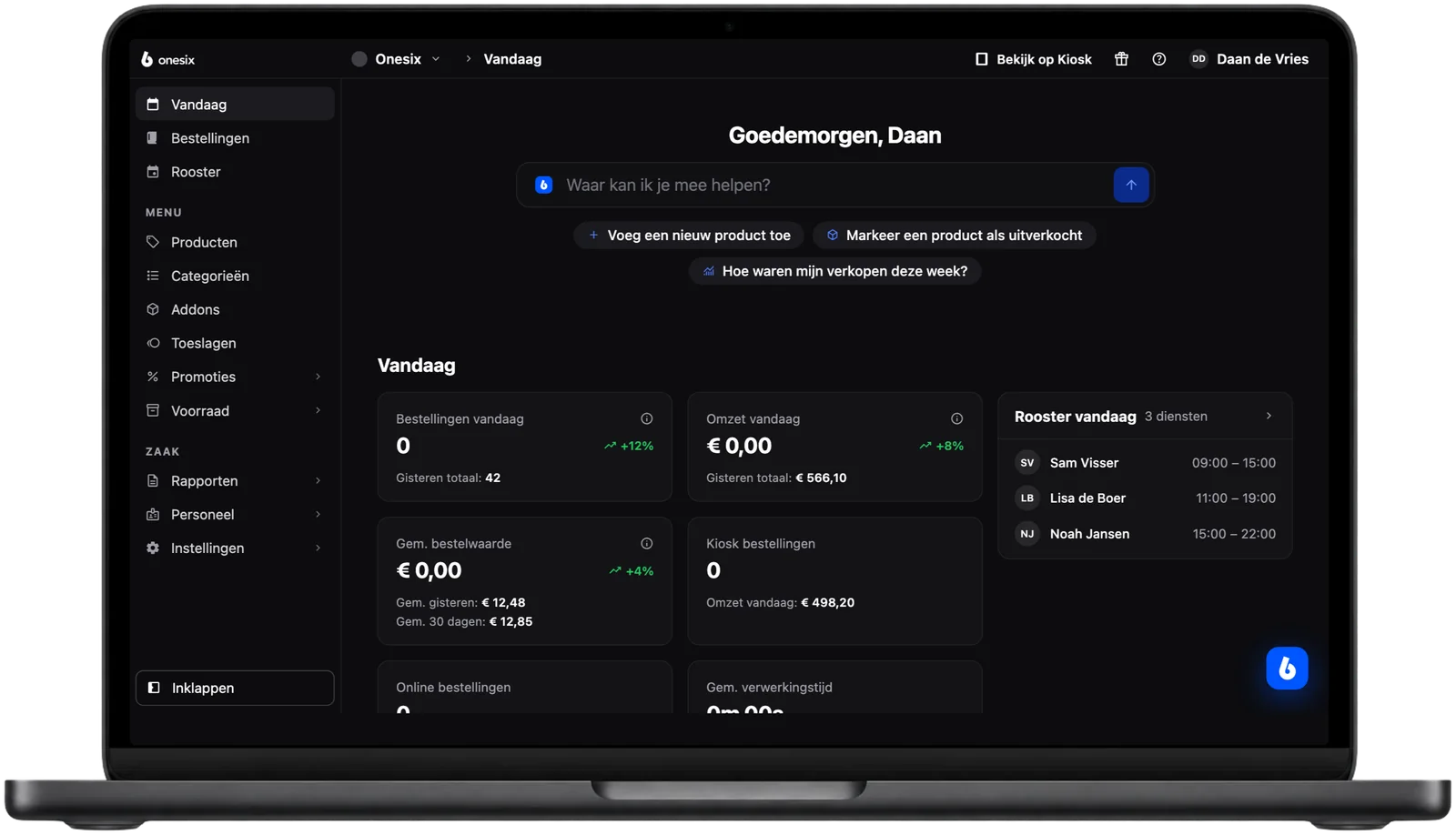 Vandaag-pagina in het Onesix Dashboard met de dagelijkse omzet en bestellingen