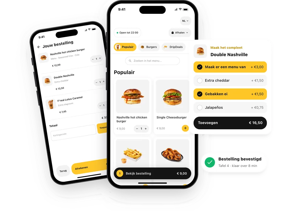 Onesix Online Kiosk op twee telefoons: het menu, de bestelling, extra opties kiezen en een bevestigde bestelling